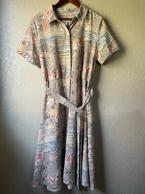 D&Co Large Button Front Belted Shirt Dress Flamingo Island Pineapple Vacation